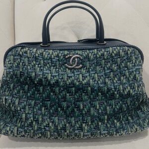 CHANEL Green Woven Top-Handle Satchel with Silver CC